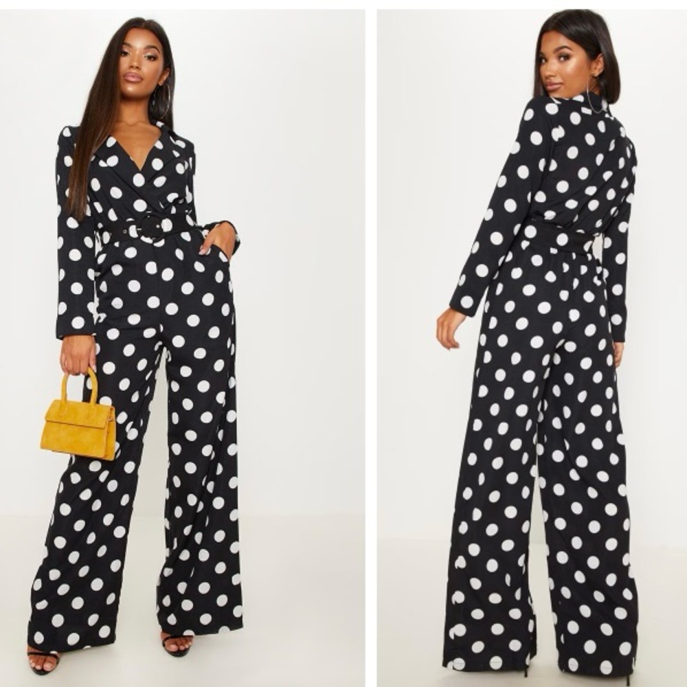 PrettyLittleThing Polka Dot Wide Leg Black Jumpsuit w/ Collar Sleeves Belt UK 8